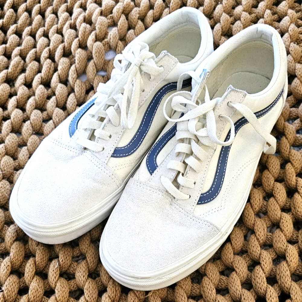 Sz 10 men Vans Old Skool Pig Suede Vintage White Cream Navy Indigo Skateboard 🛹